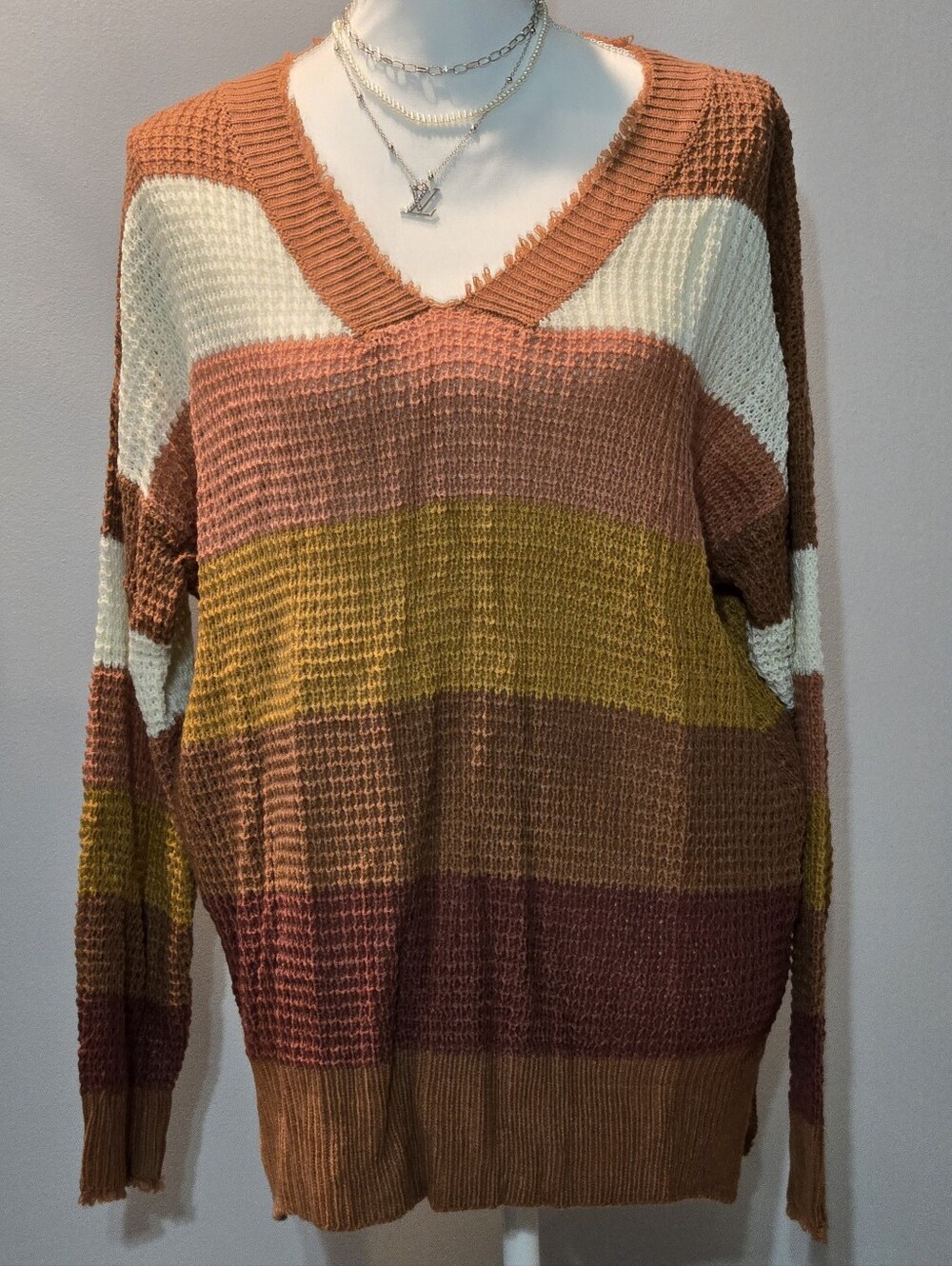 Umgee Multistripe V-Neck Sweater in Rust, Mustard & Cream